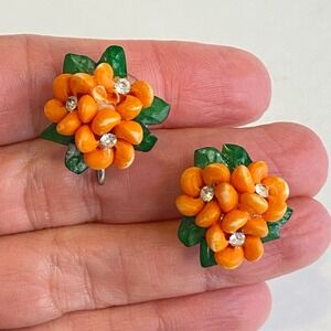 Vintage Orange Shell Flower Screw Back Earrings Rhinestone Green Leaf READ